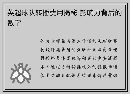 英超球队转播费用揭秘 影响力背后的数字